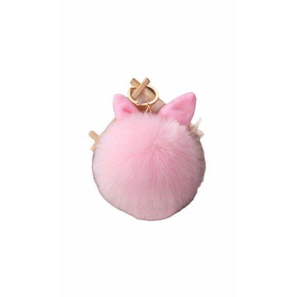 Pink Bunny Ears Fur Ball Keychain Gold Metal Charm For Keys Or Bags Unisex - Picture 1 of 6